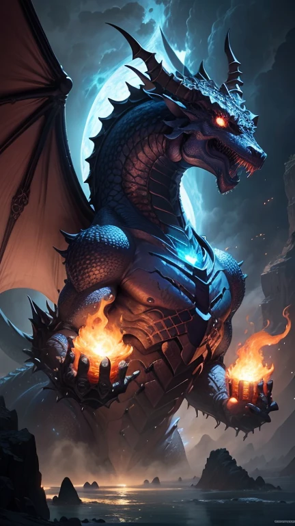 The planet Neptunus becomes a dragon, the texture and color of the planet Neptunus,incredible detailed shot of a magnificent dragon waking up from a thousand years of sleep, the gaze of half-open eyes driving you insane, concept art by Antonio Manzanedo