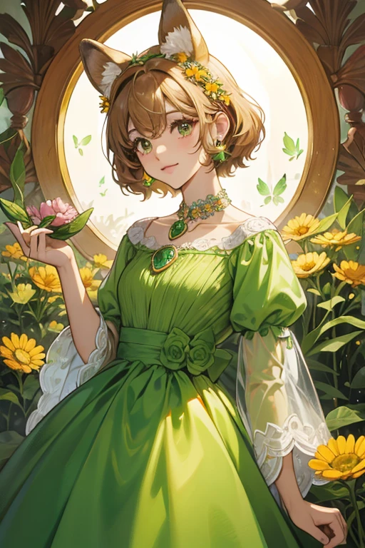 Prase is a toy poodle dog with light brown fur and orange ears. Her Jewel Eyes are made out of green chrysoprases. For her attire, she wears a pair of yellow daisies around her head and a white pearl necklace with a green four-leaf clover-shaped chrysoprase jewel attached around her neck. SPARKLE; GLITTER