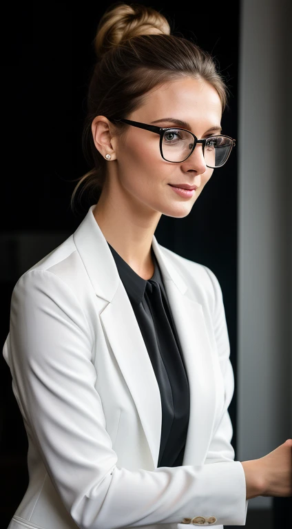 RAW photo, 29 year old russian woman wearing white business shirt with dark jacket, smirk, messy bun, glasses, slim body, at home, designer, holding a laptop, detailed face, blue eyes,standing full-frontal, Full-length, Body and head directly in the photo, dark black background image, elegant and elegant, facing the viewer of the photo, Eyes fixed on the lens, The shoulders and head appear in the photo, shallow depth of field, (high detailed skin:1.2), 8k uhd, dslr, soft lighting, high quality, film grain, 20mp, Fujifilm XT3, 80mm, hasselblad