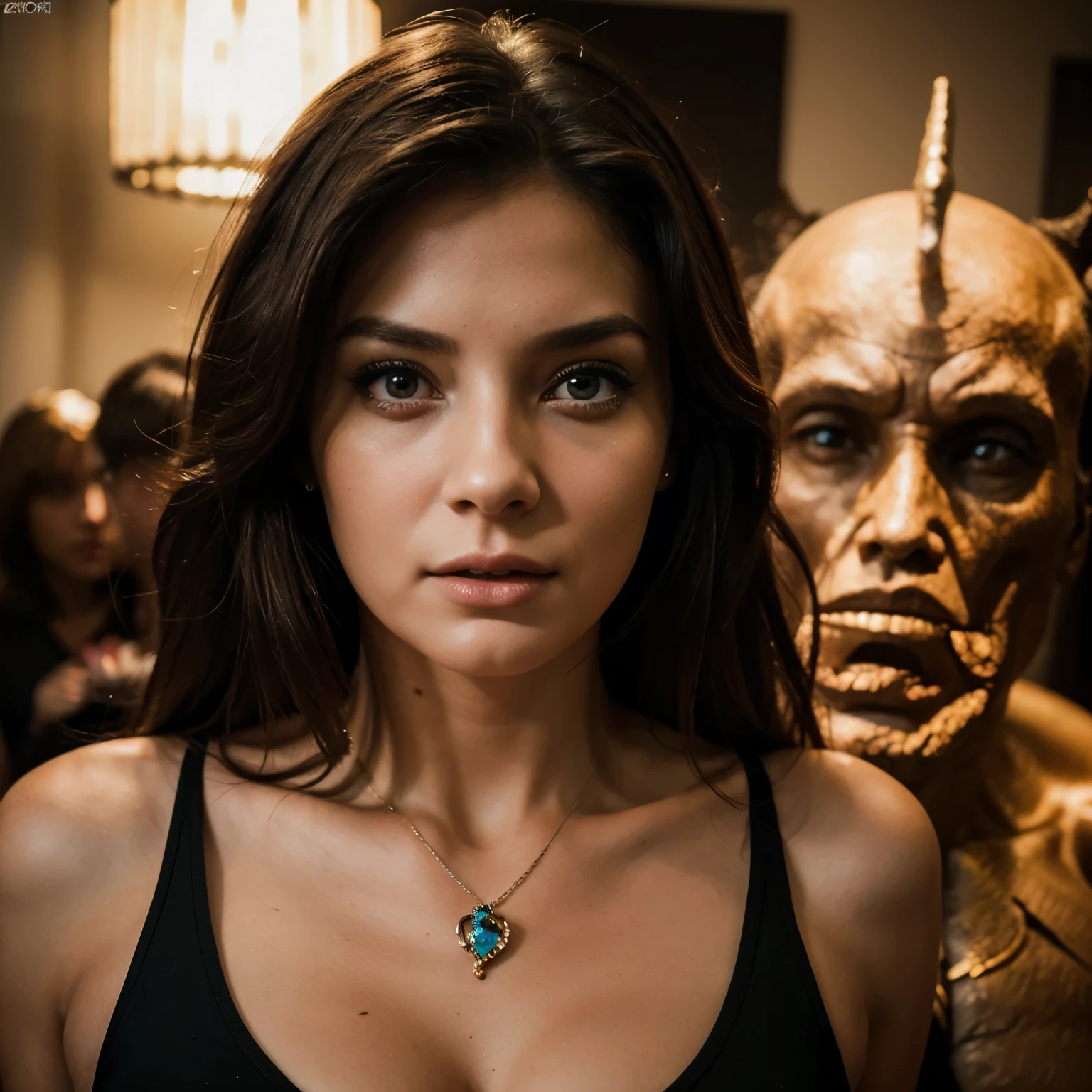 Woman and a monster hyper-realistic 32k photo master piece hyper-realistic woman 32k photo master piece monster.
