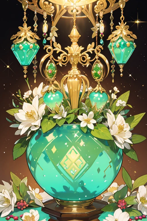 Prase's Jewel Charm is a hexagonal shape. It is colored light brown and decorated with six chrysoprase jewels in a flower-shaped arrangement and four more surrounding it. The Charm is also decorated with white gold trimmings.  SPARKLE; GLITTER
