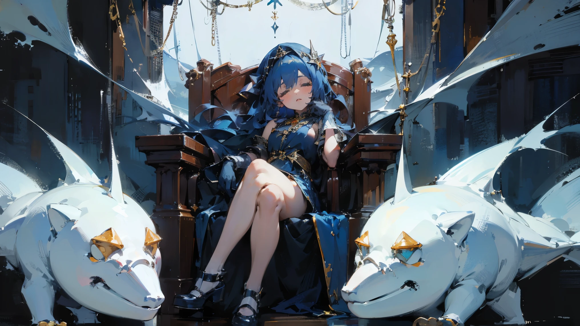 ((best quality)), Jewelry Package)),((1 Obese girl))，sea，ship，Cross your legs，Dark blue hair，Sleeping on the throne，Platform shoes，((Gloves))，（Nikolai Fehin），( Fisher, )，背景是Sea，Sea