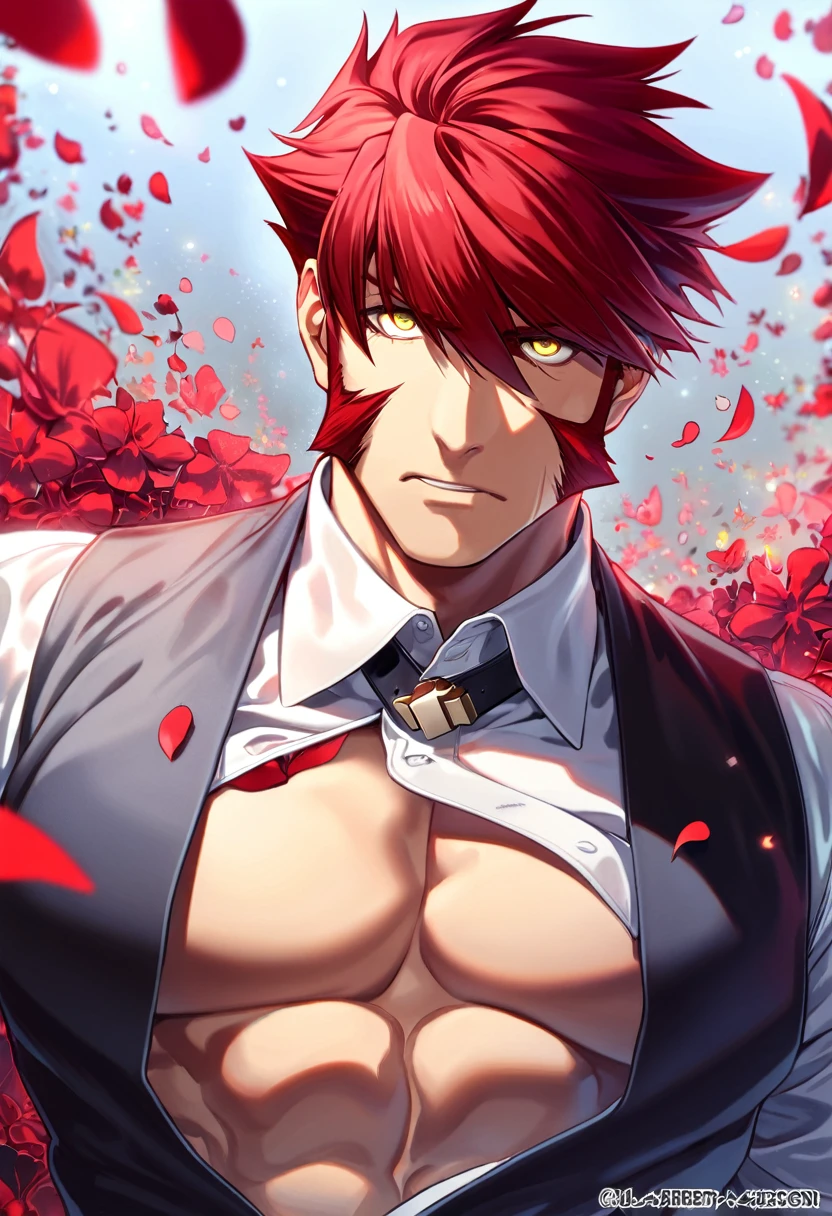 absurdres, highres, ultra detailed, HDR, master piece, best quality, extremely detailed face and eyes, Klaus Von Reinhertz, red hair, expressive yellow eyes, Kekkai Sensen, solo, sexy man, handsome, toned chest, white shirt, black vest, black belt, cross, red butterflies, petals, magical