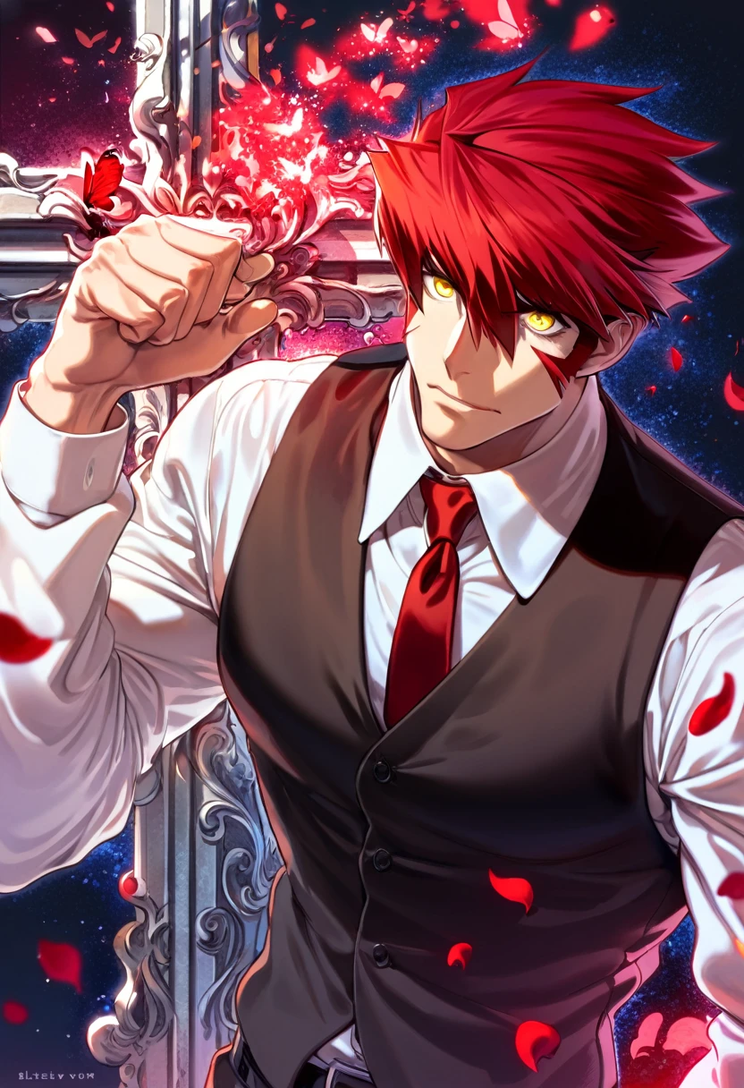 absurdres, highres, ultra detailed, HDR, master piece, best quality, extremely detailed face and eyes, Klaus Von Reinhertz, red hair, expressive yellow eyes, Kekkai Sensen, solo, sexy man, handsome, toned chest, white shirt, black vest, black belt, cross, red butterflies, petals, magical