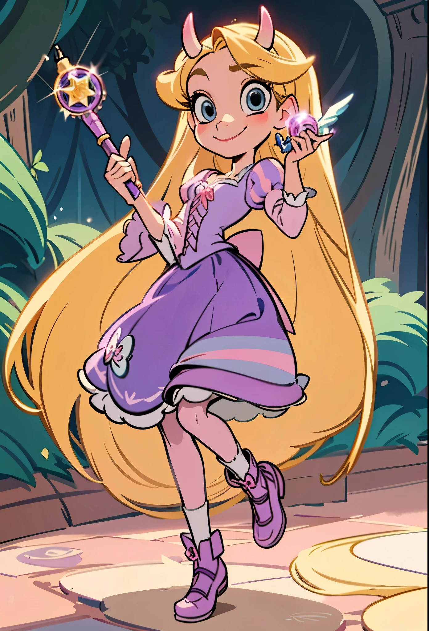 Red horns, Fusion between r4punzel from disney and star butterfly, stabutty wearing rapunzel's dress, long long light blonde hair, fair skin, light blue eyes, rose pink heart emblems on cheeks, holding royal magic wand in her hand. light purple wand with white wings attached to the grip. extremely long hair, cold blonde hair, curtain bangs, blue eyes, skinny, cheerful, dynamic pose, magic wand in her hand, holding star's wand, purple rapunzel long dress, Purple and pink Dirndl long dress, lavender corset top, laced with a pink ribbon, sleeves puffed and striped (pink and lavender), playful smile, smiling, cute, lovely, lovely expression, simply nature magical background, full body, standing up, good fusion, excellent character design, masterpiece, 4k, perfect anatomy, perfect face, perfect eyes, 1girl, solo, full body, jump, funny happy face