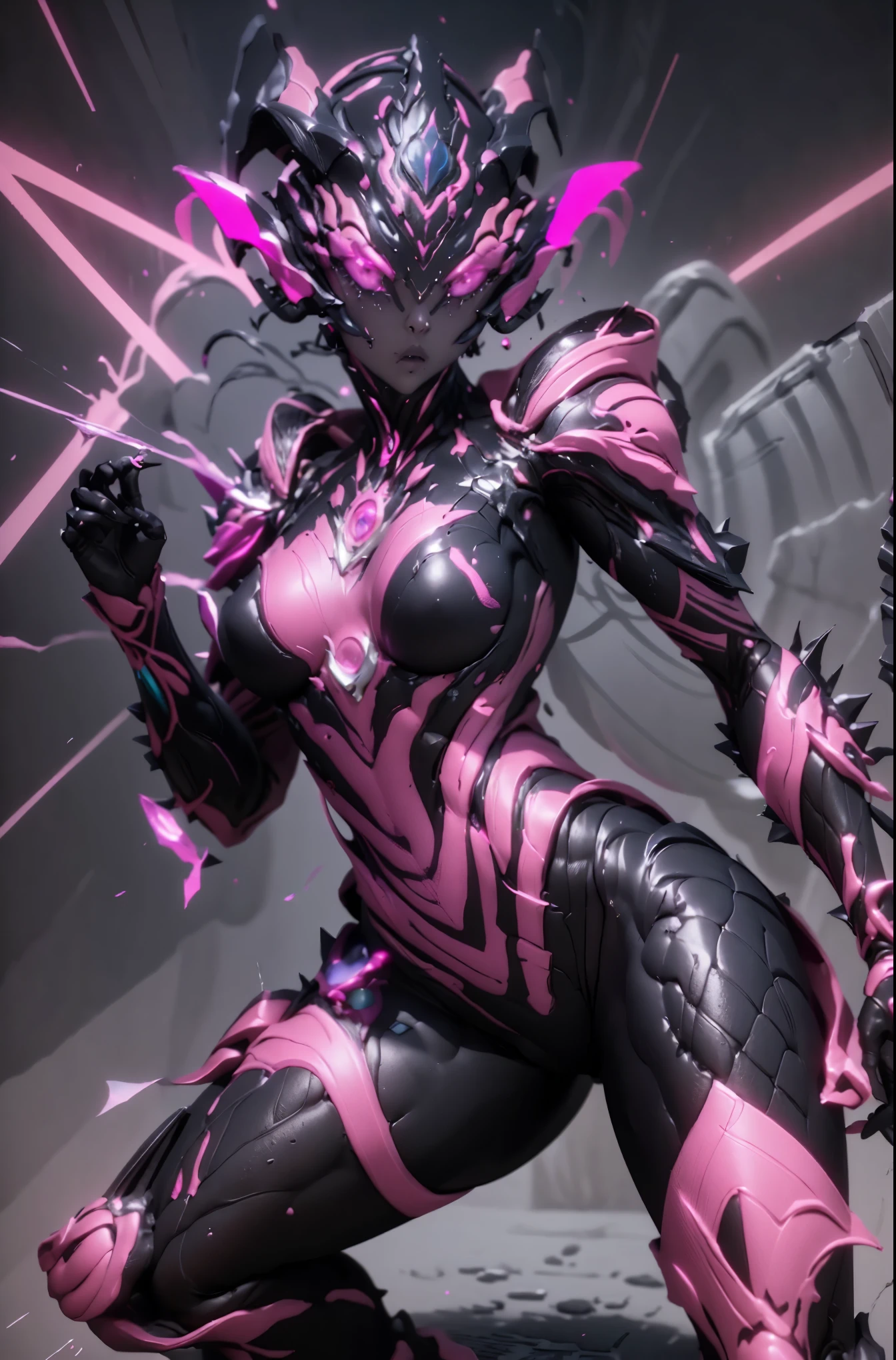 Ultraman Woman. （high quality）（luster）（Black and Pink thema color）（Black helmet. Black  Face）women only. The whole body is covered with a black bodysuit. Spike decoration. Pink lines all over the body. purple coloreye. pink glow crystal. pink sharp claw. squat pose. Emphasize the belly button. dark background. 