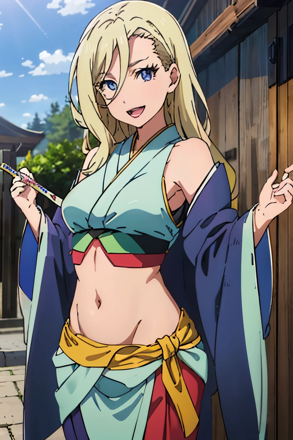 , 1female_knight,  masterpiece, best quality, highly detailed, a anime girls in kimono dress with a sword posing for a
picture, bare shoulder,open kimono, evil smile, open mouth, crop top , (nsfw) not safe for work, smile,
ecchi anime style, anime girls, ecchi style, ecchi, digital anime art!!, in anime style, official artwork, visual
novel cg, beautiful anime girl, anime style 4 k, kimono pencil skirt, exposed belly, exposed navel,
exposed midriff, exposed lower belly, outdoor, japanese architecture, temple