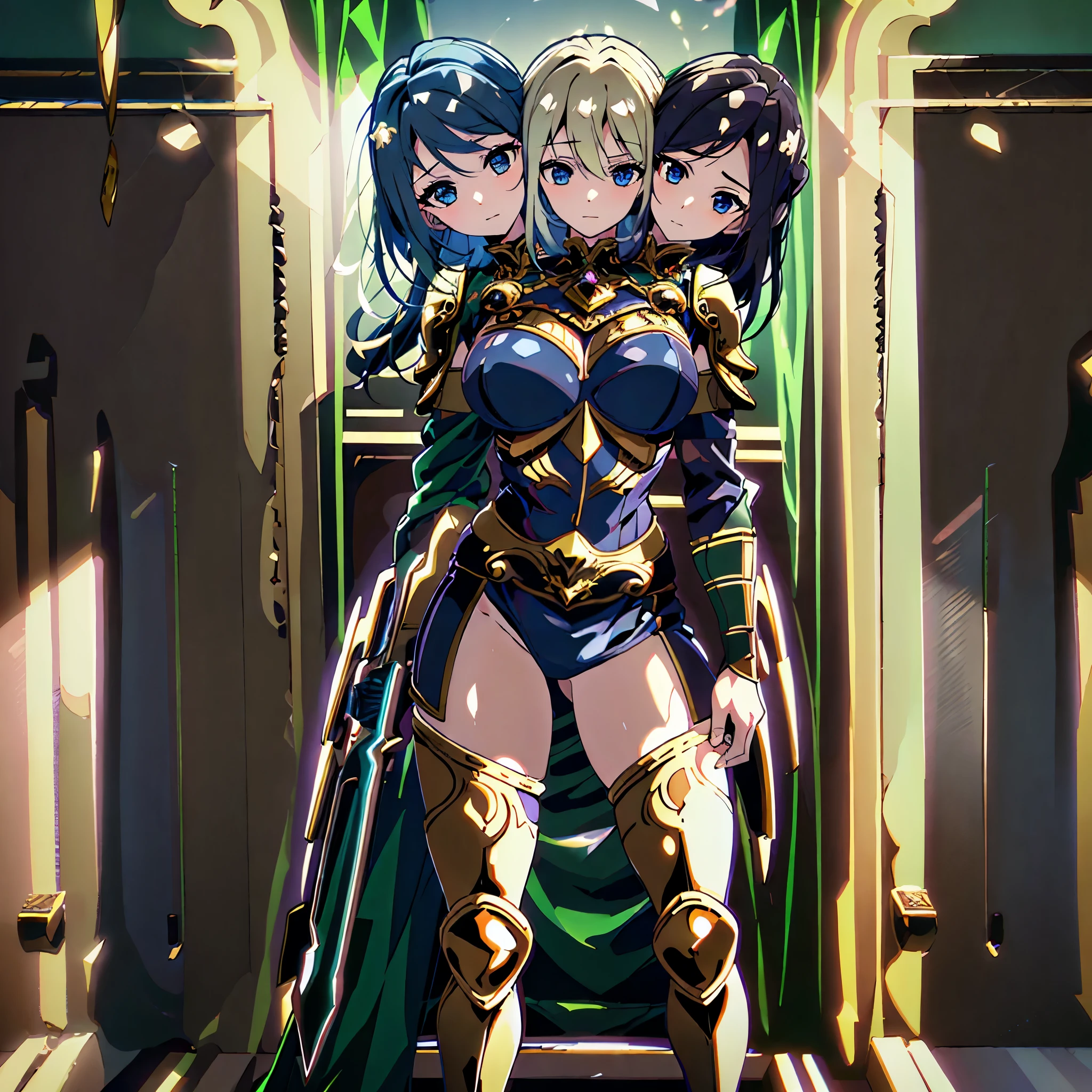 (masterpiece),(ultra-detailed), (high quality), (high resolution), (best quality:1.5, highres, UHD), highres, absurdo, ultra detail, ultra quality, (3heads:1.5), 1girl, (long hair), (blue hair), (brown hair), blonde hair, (different separate Hair colors), thighs, (purple armor), female warrior, (fully armored), (medieval outfit), sword, armored chest piece, gorgeous female knight, Guild Clothes with Armor, cave, blue eyes