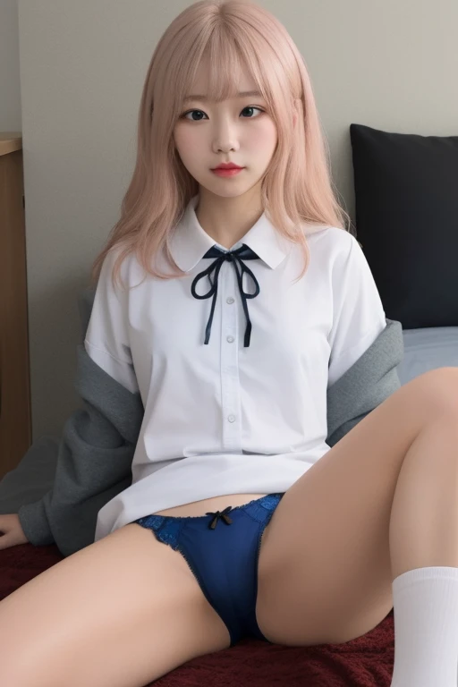 fujiwara chika、highest quality、Ultra-detailed、masterpiece、solo、With a girl、light peach-colored hair、、White collar with red ribbon、black 、((Sexy panties in full view:1.05))、((Spread your legs wide:1.45))
