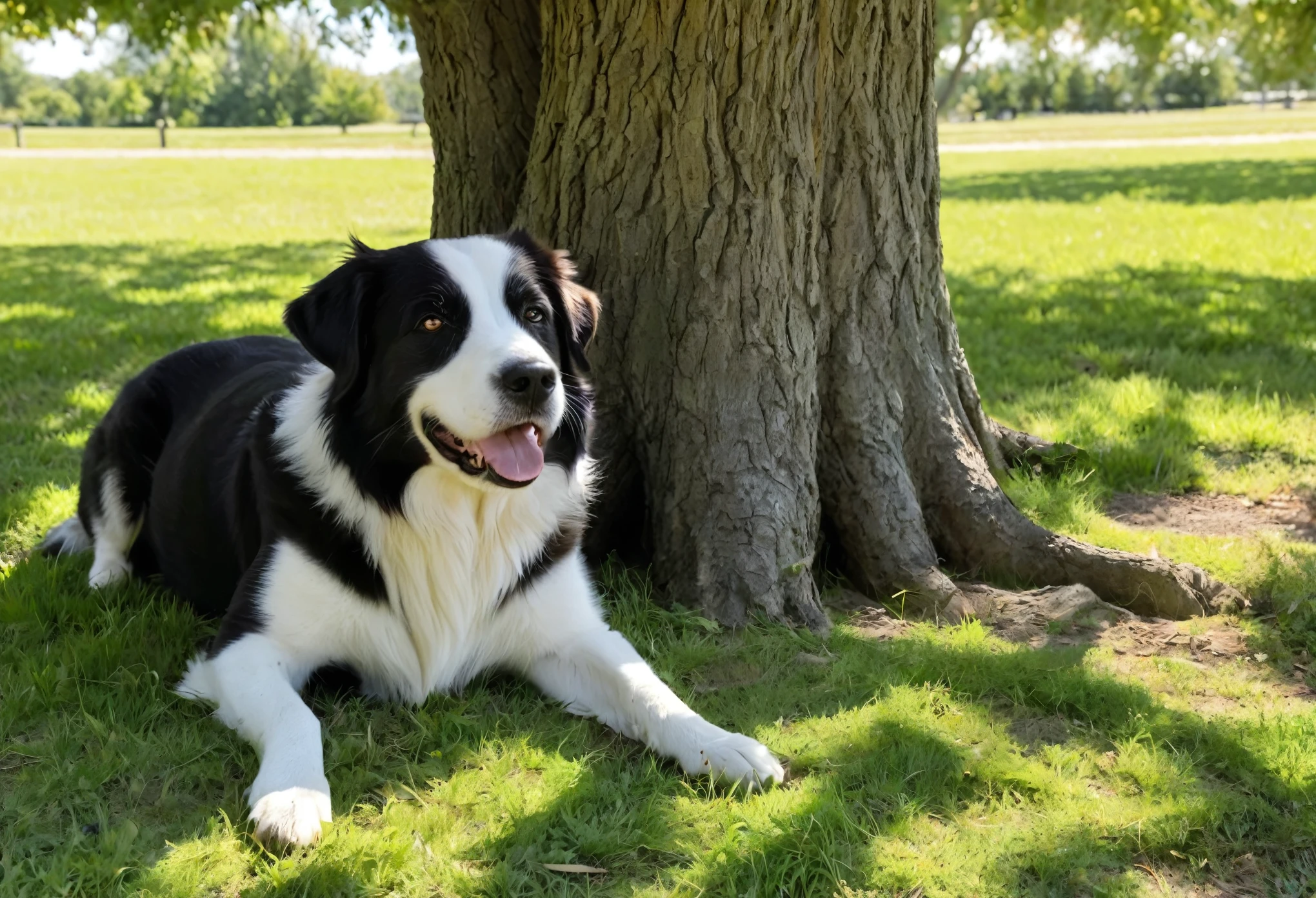 creates dog shading itself under the shade of a tree on a sunny day