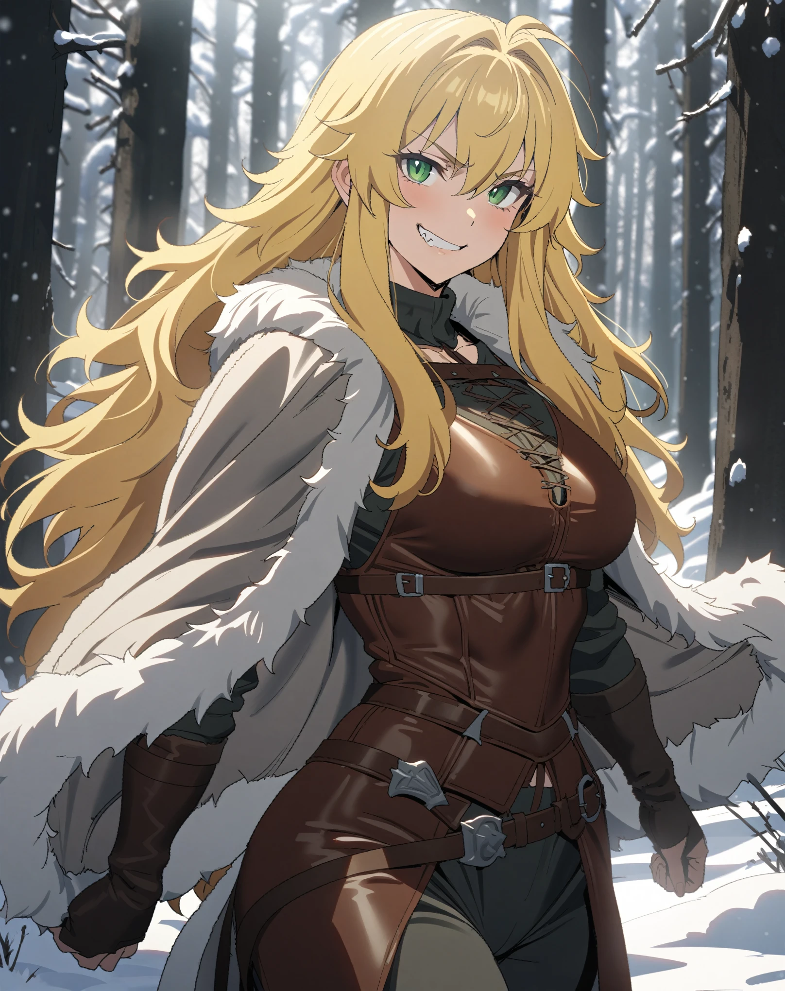 (Masterpiece, best quality, highres) {{Artist: Sincos}} 1 woman, mature, viking, muscular, 30 years old, tomboy, tall, strong, fair skin, sharp eyes, green eyes, long hair, shaggy hair, blonde hair, cocky grin, looking at camera, leather armor, fur cloak, in snowy forest, sunny, medieval fantasy.