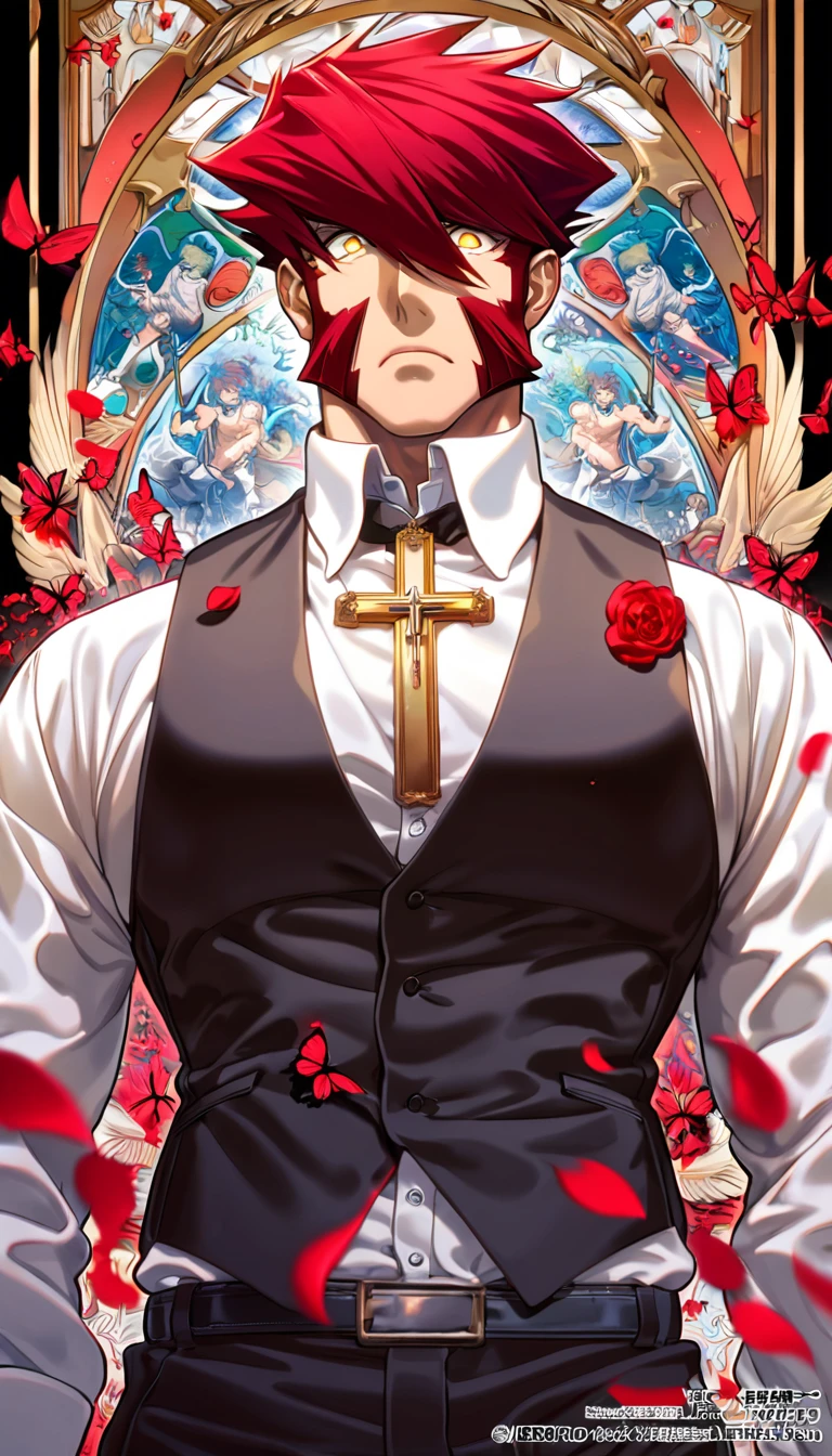 absurdres, highres, ultra detailed, HDR, master piece, best quality, extremely detailed face and eyes, Klaus Von Reinhertz, red hair, expressive yellow eyes, Kekkai Sensen, solo, sexy man, handsome, toned chest, white shirt, black vest, black belt, cross, red butterflies, petals, magical