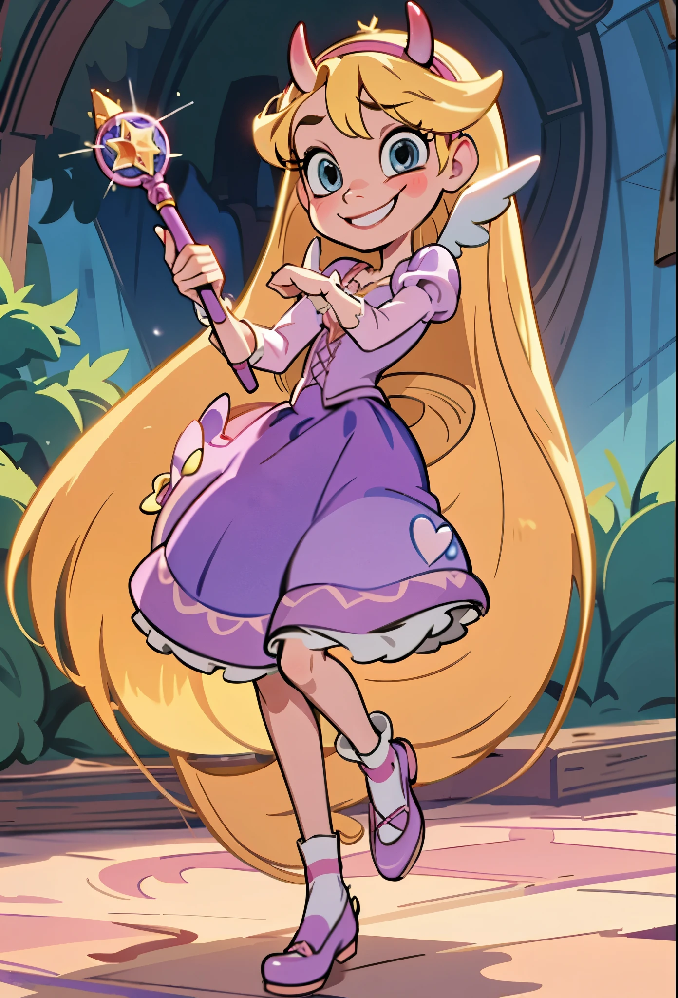 Red horns, Fusion between r4punzel from disney and star butterfly, stabutty wearing rapunzel's dress, long long light blonde hair, fair skin, light blue eyes, rose pink heart emblems on cheeks, holding royal magic wand in her hand. light purple wand with white wings attached to the grip. extremely long hair, cold blonde hair, curtain bangs, blue eyes, skinny, cheerful, dynamic pose, magic wand in her hand, holding star's wand, purple rapunzel long dress, Purple and pink Dirndl long dress, lavender corset top, laced with a pink ribbon, sleeves puffed and striped (pink and lavender), playful smile, smiling, cute, lovely, lovely expression, simply nature magical background, full body, standing up, good fusion, excellent character design, masterpiece, 4k, perfect anatomy, perfect face, perfect eyes, 1girl, solo, full body, jump, funny happy face