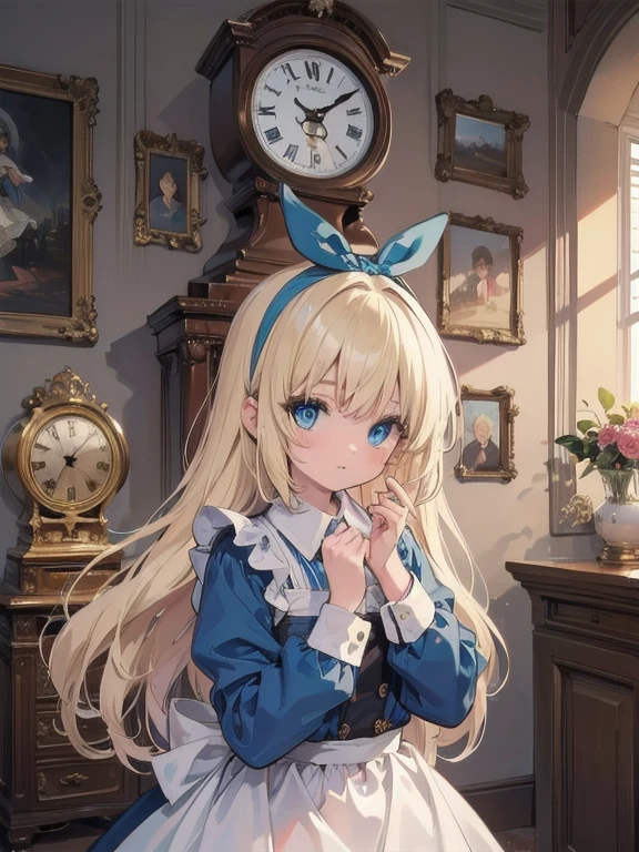 masterpiece, highest quality, Very detailed, 16k, Ultra-high resolution, Alice in Wonderland, 10-year-old girl, Detailed face, blue eyes, Blonde, Braid, Long Hair, Ribbon on head, Blue Dress, White apron, In a room with a big clock, Clock, wall clock, carpet, Music Box