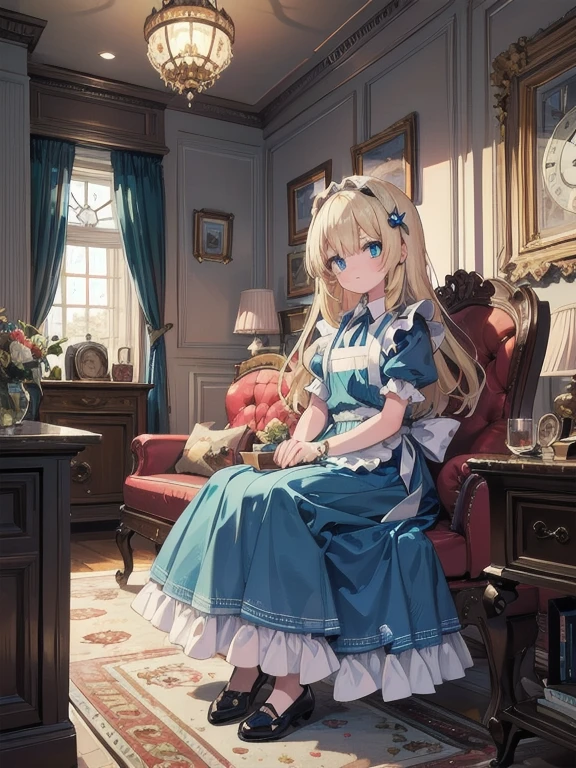 masterpiece, highest quality, Very detailed, 16k, Ultra-high resolution, Alice in Wonderland, 10-year-old girl, Detailed face, blue eyes, Blonde, Braid, Long Hair, Ribbon on head, Blue Dress, White apron, In a room with a big clock, Clock, wall clock, carpet, Music Box
