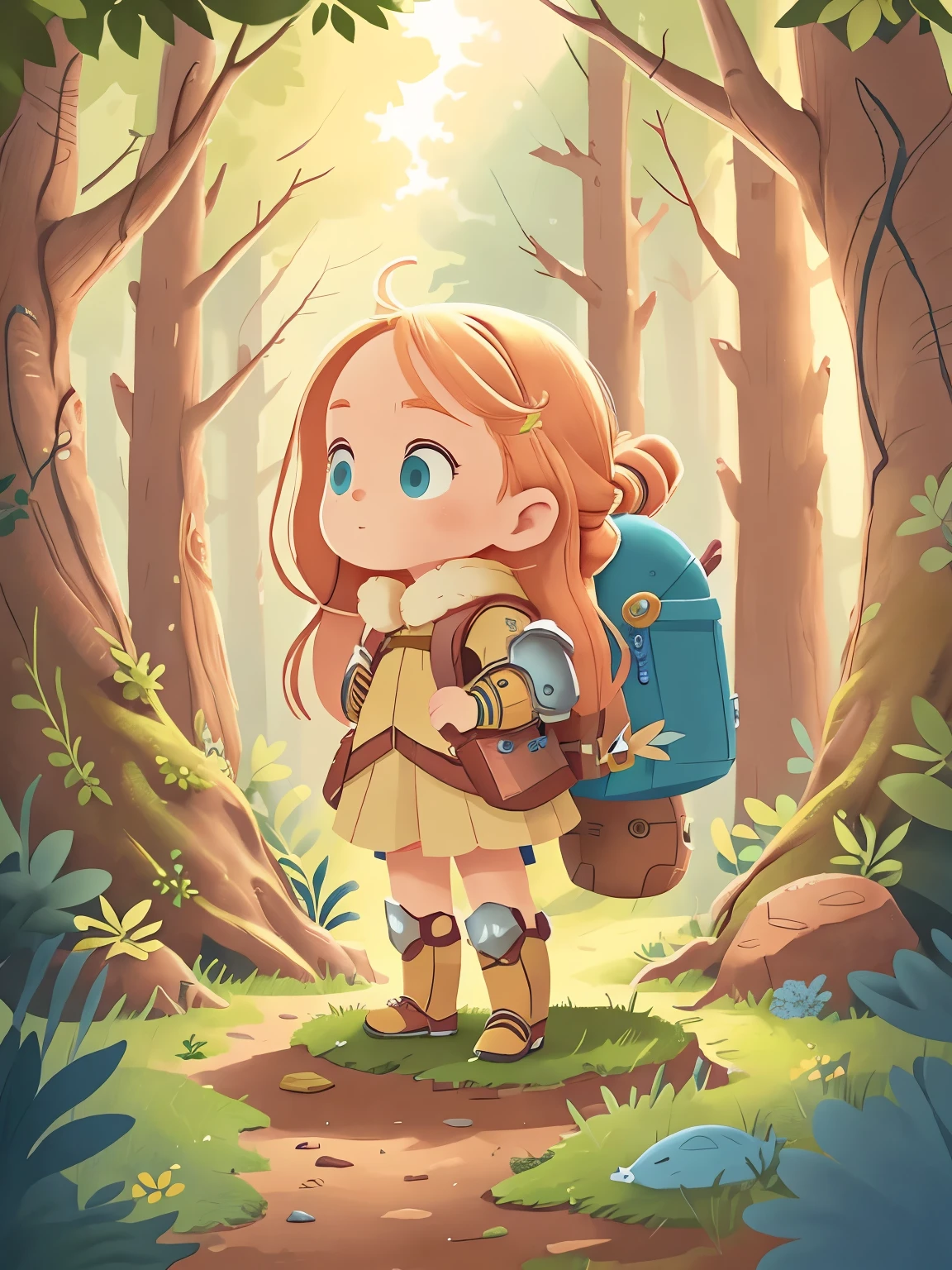 full body profile of a . long blonde hair, big blue eyes. She wears cute armor made for a , like she's going on a little fantasy adventure. She wears a backpack full of supplies. She stares with excitement into the magical forest.