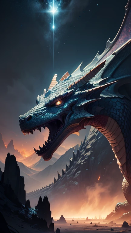 Asteroid becomes a dragon, the texture and color of the asteroid,incredible detailed shot of a magnificent dragon waking up from a thousand years of sleep, the gaze of half-open eyes driving you insane, concept art by Antonio Manzanedo