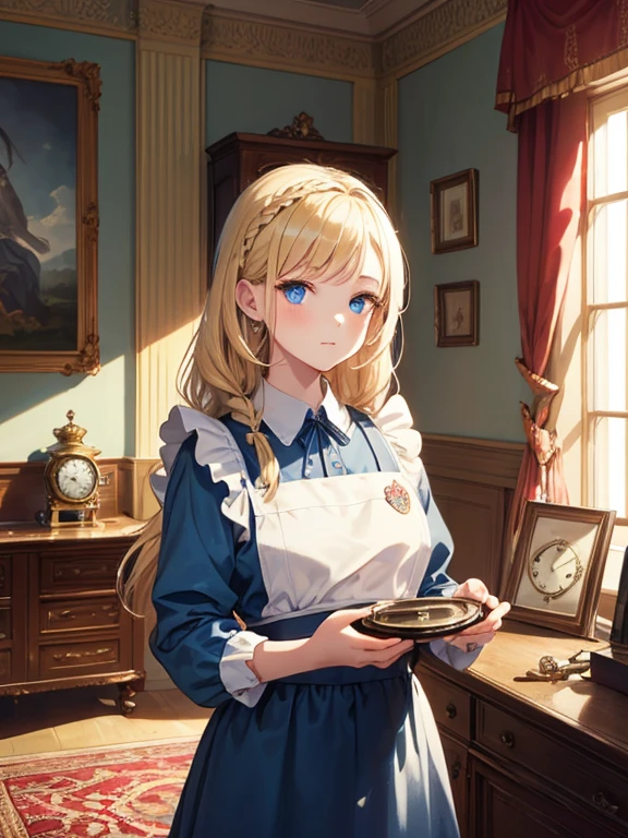 masterpiece, highest quality, Very detailed, 16k, Ultra-high resolution, Alice in Wonderland, -yeld gi Detailed face, blue eyes, Blonde, Braid, Long Hair, Ribbon on head, Blue Dress, White apron, In a room with a big clock, Clock, wall clock, carpet, Music Box