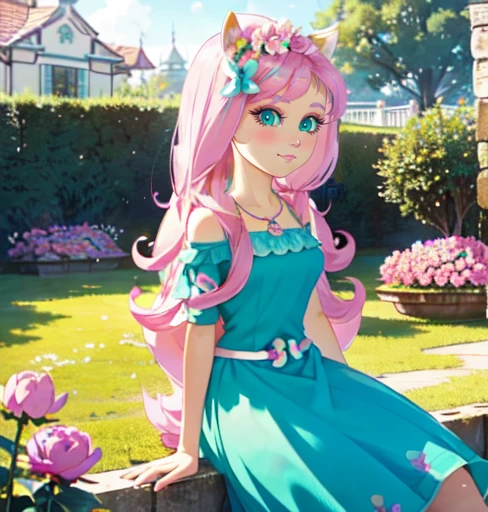 Fluttershy, fluttershy from my little pony, fluttershy in the form of a girl, lush breast, pink long wavy hair, soft smile, flowers, butterflies, (top quality, masterpiece, ultra-realistic), rainy day, raining, indoor in a green botanical garden, dome, lots of flowers, dense mass plants, the background landscape is a garden with petals, Dahlia peony flowers everywhere, turquoise eyes, turquoise eyeshadow, green dress, butterfly hair clip, detailed lighting, sunlight, yellow pure light, sitting, heavenly plants, hanging flower pots, pink and green flowers everywhere, flower crown, green glass dome, extremely long hair, (light yellow skin 1.5), yellow pony ears, golden lighting