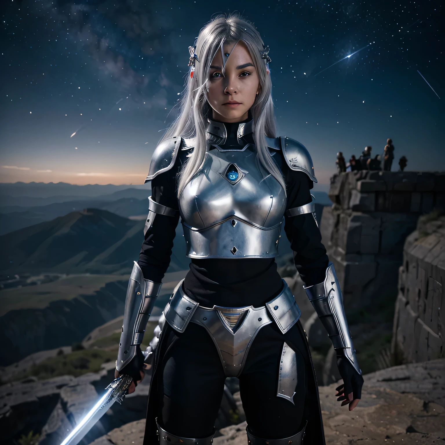 A young warrior with bright eyes and silver hair, wearing a futuristic armor adorned with alien symbols. She wields a sword of energy and stands on a cliff overlooking a distant planet, with sparkling stars in the night sky