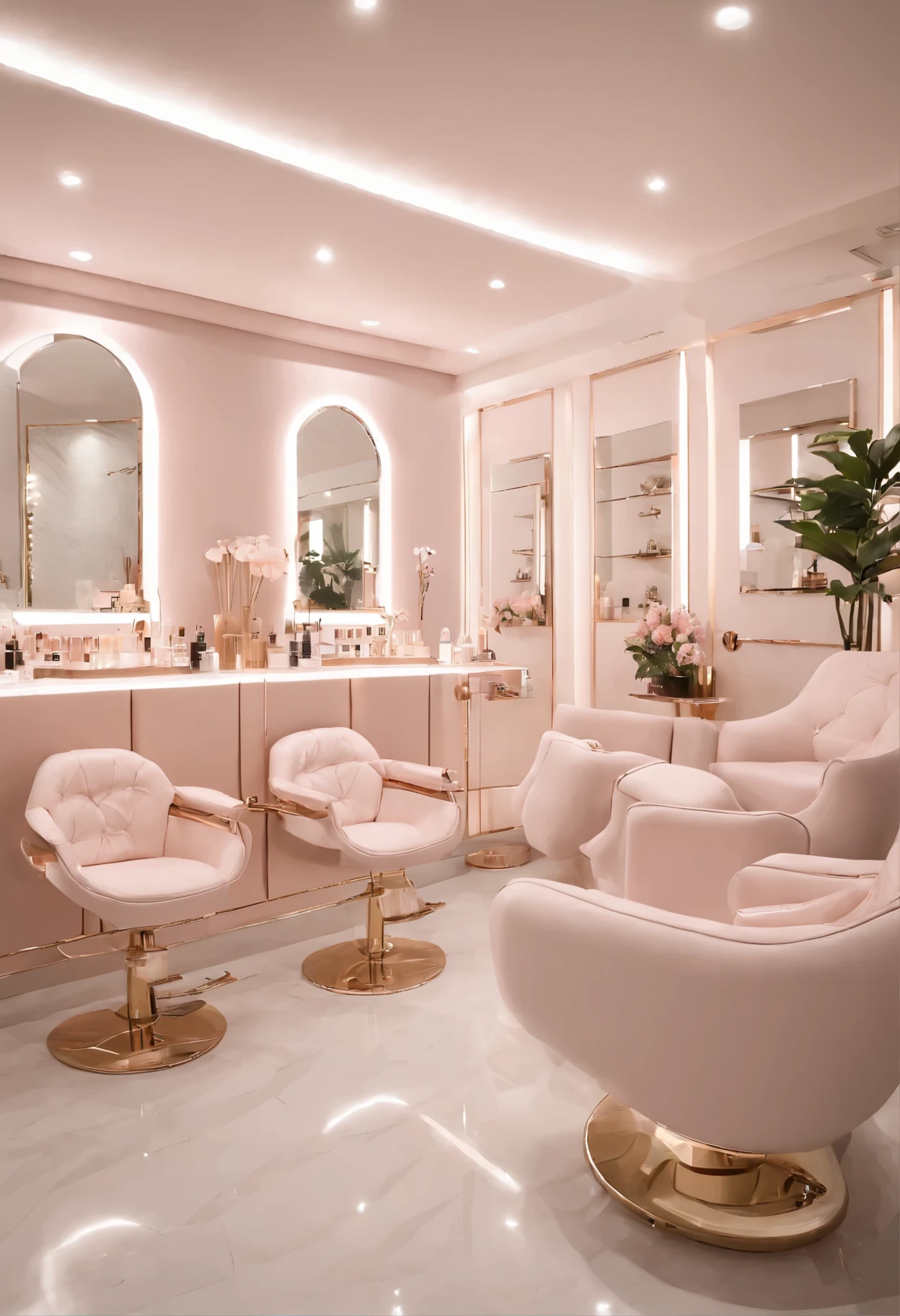 Beauty salon to do gel nails, a room with LED strips on the floor, com duas poltronas de espera, e uma bancada pra petisco. A space with a stand to do gel nails, prateleira com os produtos de unha. The salon in white with rose gold 