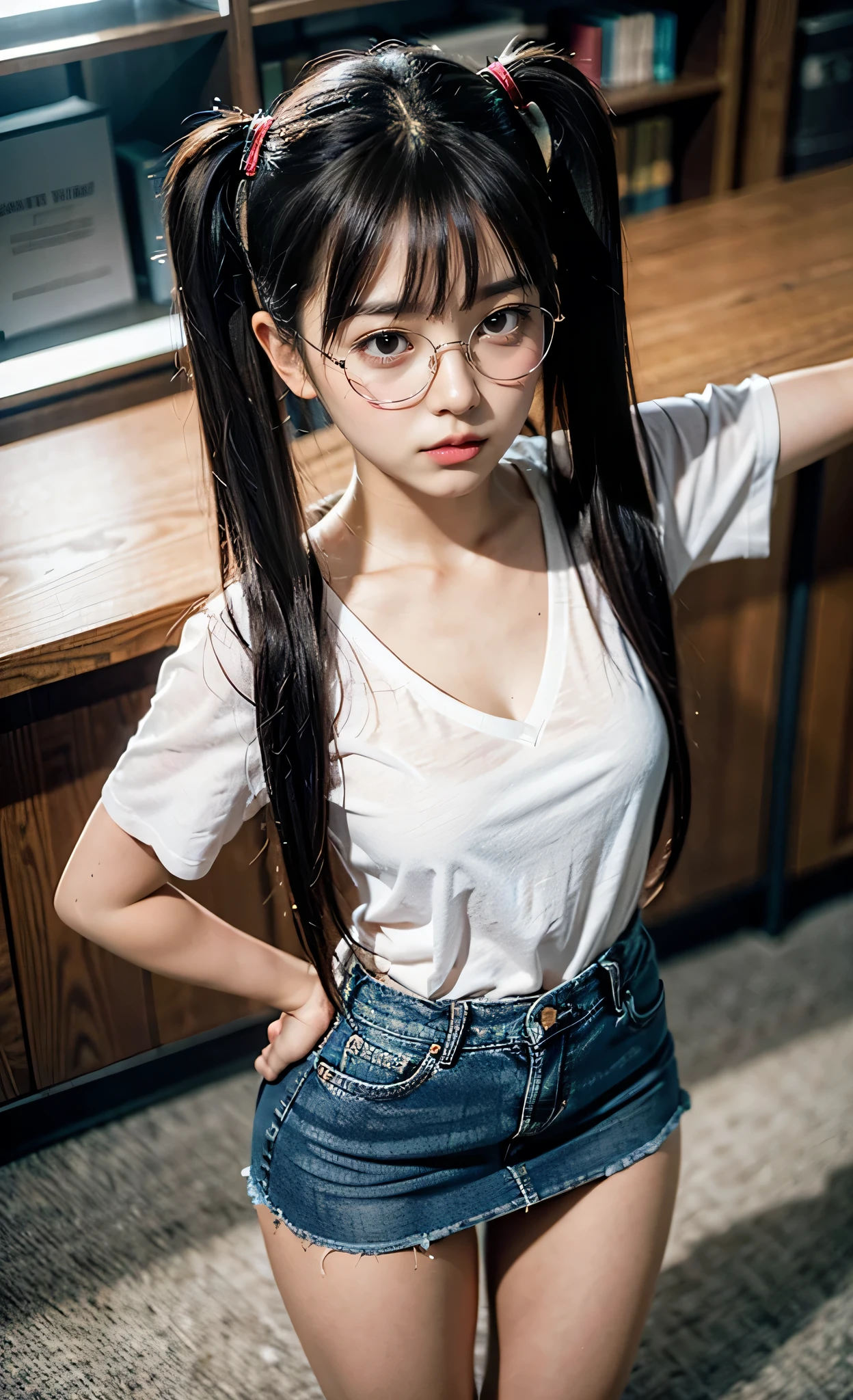 realistic, 1girl, top view shot, eye glasses, shy, blushes, standing, library, sunset, dark skies, twintail hair, hair bangs, plain white V-neck t-shirt, cleavage, big bust, small waist, denim mini skirt, tights, knee,