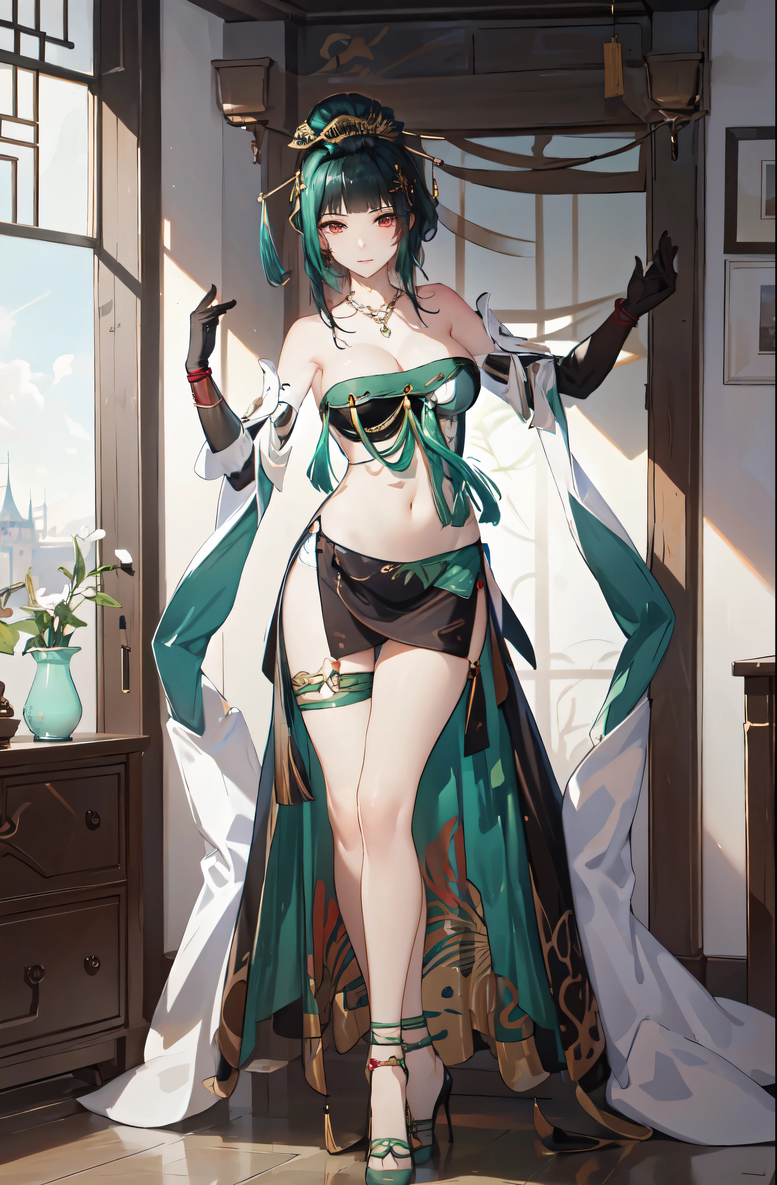 masterpiece, best quality BREAK solo, highres, Super detailed, very detailed, highest quality, best quality, super detailed, 1girl, standing, (large breasts), mature female, hanying, Full body drawing, (masterpiece), (best quality), (hyperdetail), (illustration), ((extremely delicate and beautiful)), (detailed light), (prefect's body), full body drawing, Hanying, HanYing, sexy, sexy belly, sexy belly line, sexy belly button, arafed image of a woman in a belly dance costume, alphonse mucha and rossdraws, by Yang J, inspired by Fenghua Zhong, full color illustration, a beautiful fantasy empress, inspired by Lan Ying, by Shen Zhou, a beautiful artwork illustration, by Qu Leilei, by Yan Hui, by Zeng Jing, by Lu Guang