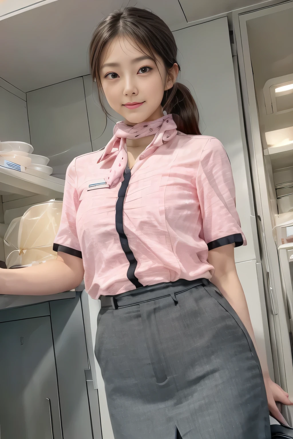 masterpiece:1.2、highest quality:1.2)、32K HDR、High resolution、(alone、1 girl、Slim figure)、２５Old Japanese woman、（Realistic style wearing the ANA cabincrew uniform）、 (At the airport entrance, Professional Lighting)、A proper woman, Beautiful Face、（ANA cabincrew uniform）、（Short sleeve pink blouse）、（The ANA cabincrew uniform has a blue line on the back of the skirt.）、（Scarf around the neck）、Big Breasts、（Long hair updo、Chignon）、Dark brown hair、Long Shot、（（Fine hand：2.0））、（（Harmonious body proportions：1.5））、（（Normal limbs：2.0））、（（Normal finger：2.0））、（（Delicate eyes：2.0））、（（Normal eyes：2.0））)、Beautiful back view、smile