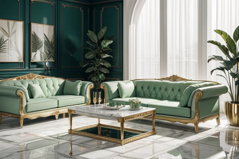A luxurious living room with beauty sofas, a white marble floor and a clear glass coffee table with green plants, photorealistic, inspiring, ultra realistic.