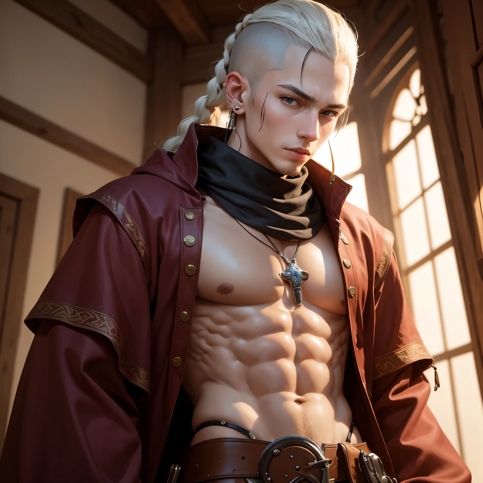 8k, masterpiece, best quality, realistic, higly detailed, cowboy shot, 1boy, solo, Shion Madarame, man, above-average height, long light hair swept to the right with the left side of his head shaved, temple tattoo extending down to neck, small scar on leftmost side of mouth, two piercings on both ears, clothed, medieval, monk, clothed, medieval, monk,