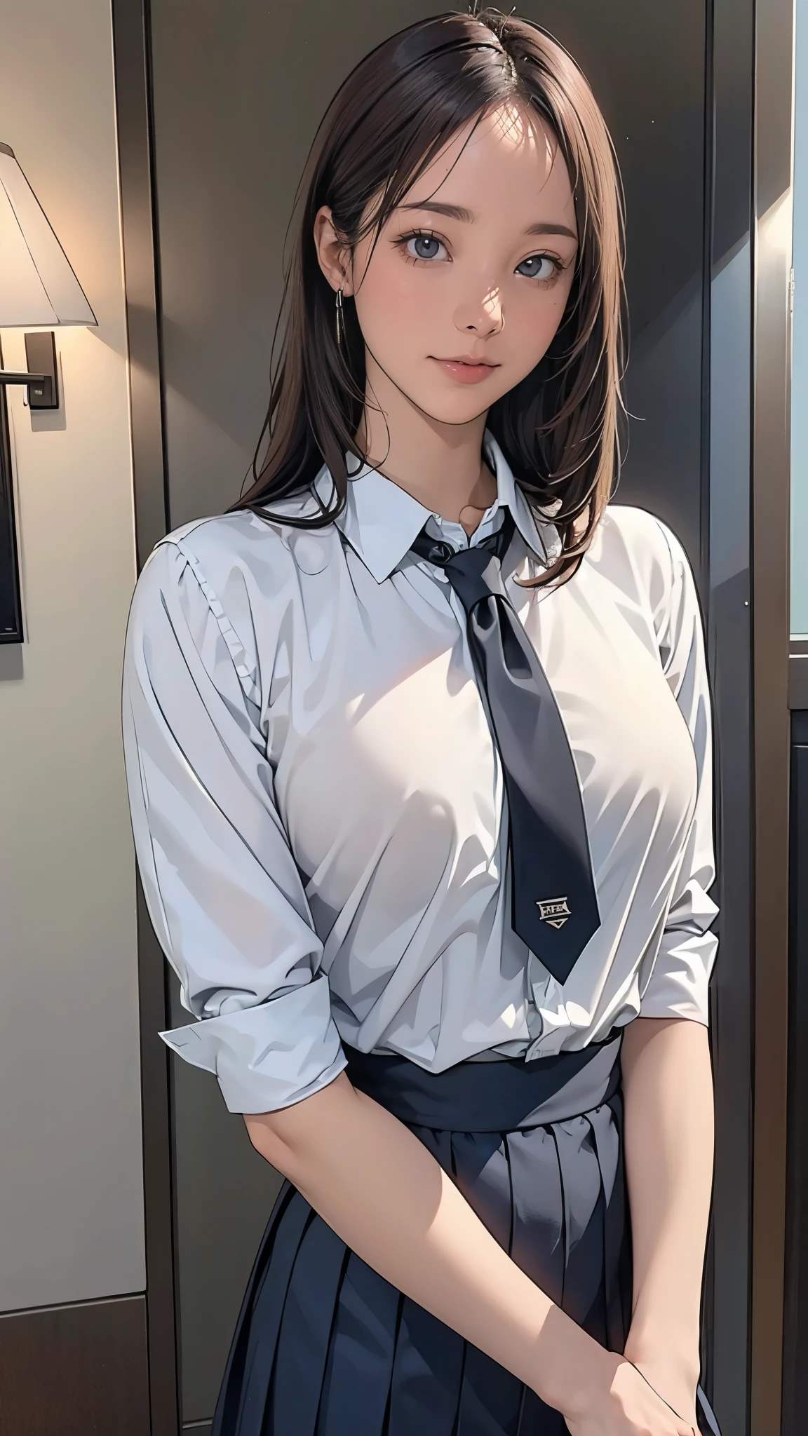 (masterpiece:1.2, highest quality), (Realistic, photoRealistic:1.4), Beautiful illustrations, (Natural Side Lighting, Cinema Lighting), Written boundary depth, Beautiful thighs staring at the viewer, (Face Focus, Upper Body), 1 female,20-year-old,alone,(With background:Hotel Rooms) , thin, slender, long, Straight Hair, Forehead, thin, slender, Small , shirt, tie, for school uniforms, Earrings, Are standing