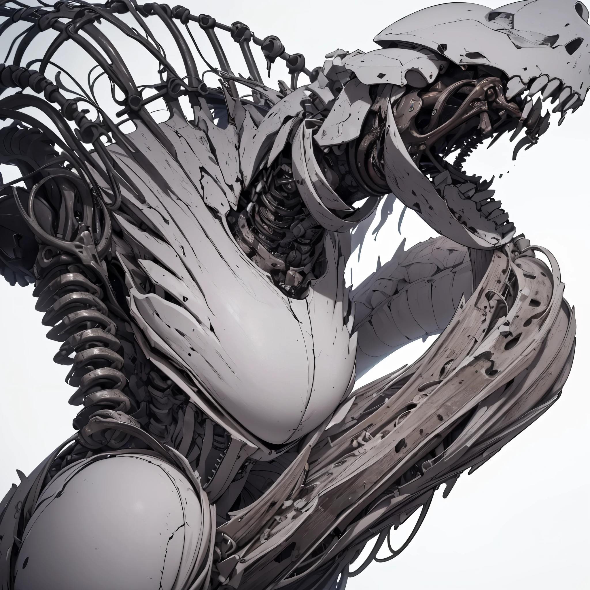 ((8K resolution))、((highest quality))、((masterpiece))、((Very detailed))((((dramatic))), (Anatomically correct)、The depth of the object to write、Looking at the camera、front、(woman、Mechanical bones格、Mechanical boneechanical Cervical Vertebra、Long and thin、lipstick、Spit sludge from the mouth、Bloody)、spooky、an ominous、((theme、whole body:1.1)), SF、Design、White Background