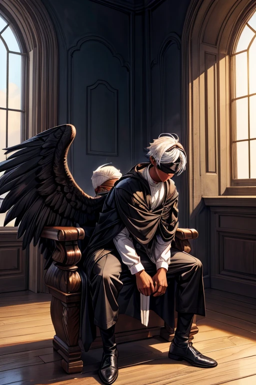 1 Boy, white hair, dark brown skin color, black feathered wings, Blindfolded, Dark clothing, Seated In a lighthouse