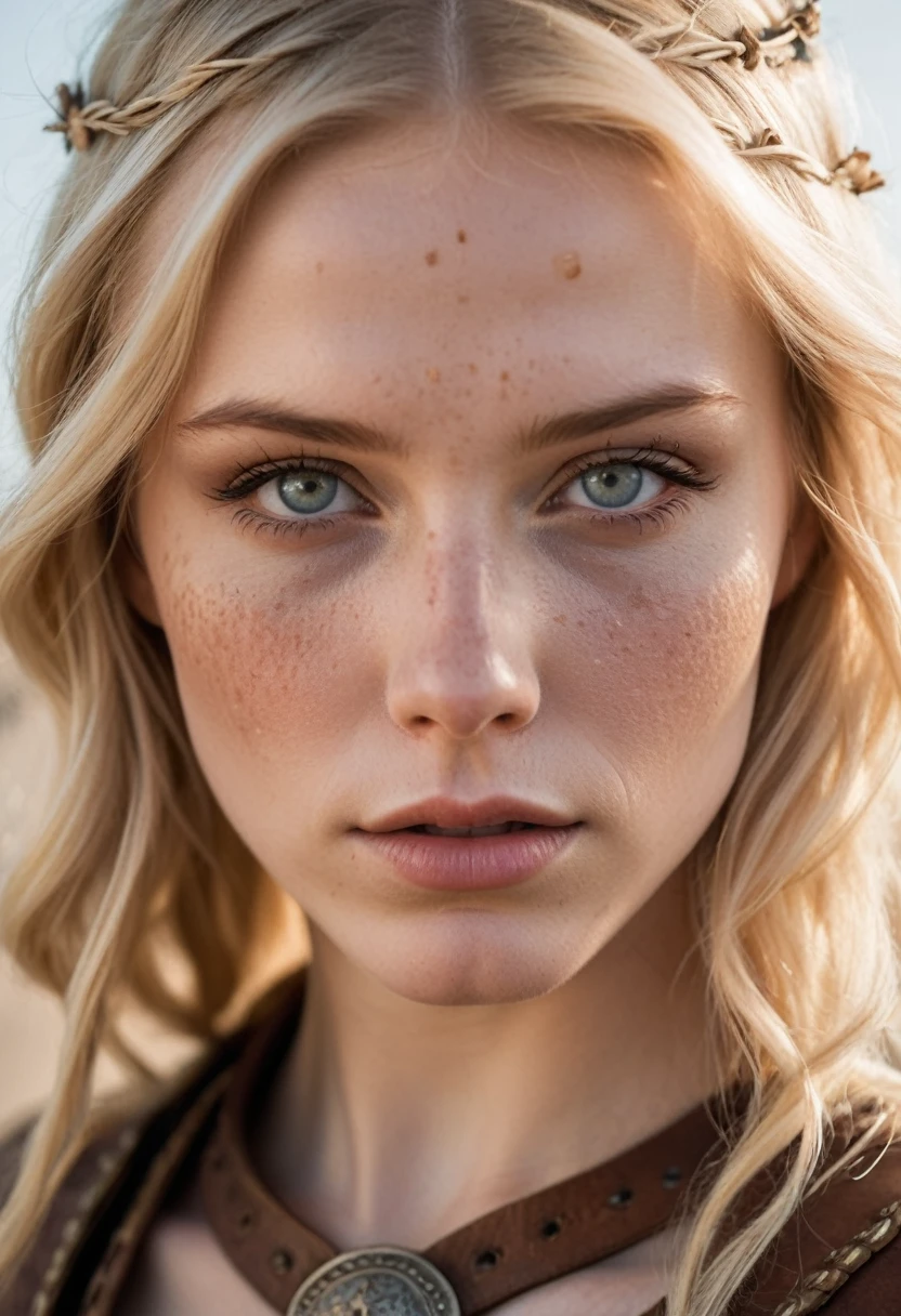 ((intricate details, extreme close up portrait, pale skin)), beautiful blonde 20 year old female warrior wearing a (revealing soft light brown embroidered leather outfit), beauty mark, moles, freckles, (bright sky-blue eyes:1.2), crowded and rowdy medieval tavern, mesmerizing eyes, emotive longing expression, (cinematic, film grain:1.1)