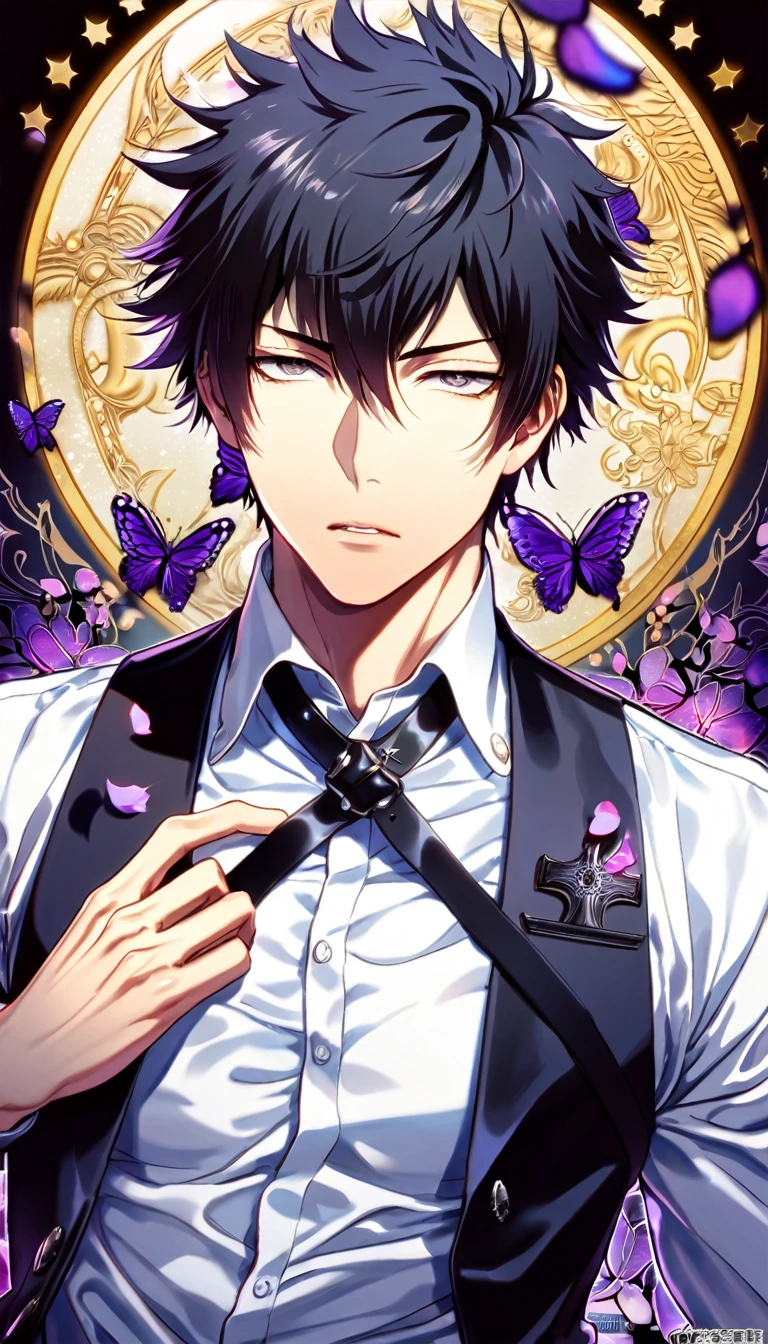 absurdres, highres, ultra detailed, HDR, master piece, best quality, extremely detailed face and eyes, Kougami Shinya, black hair, expressive gray eyes, Psycho Pass, solo, sexy man, handsome, toned chest, white shirt, black vest, black belt, cross on the background behind him, purple butterflies, petals, magical
