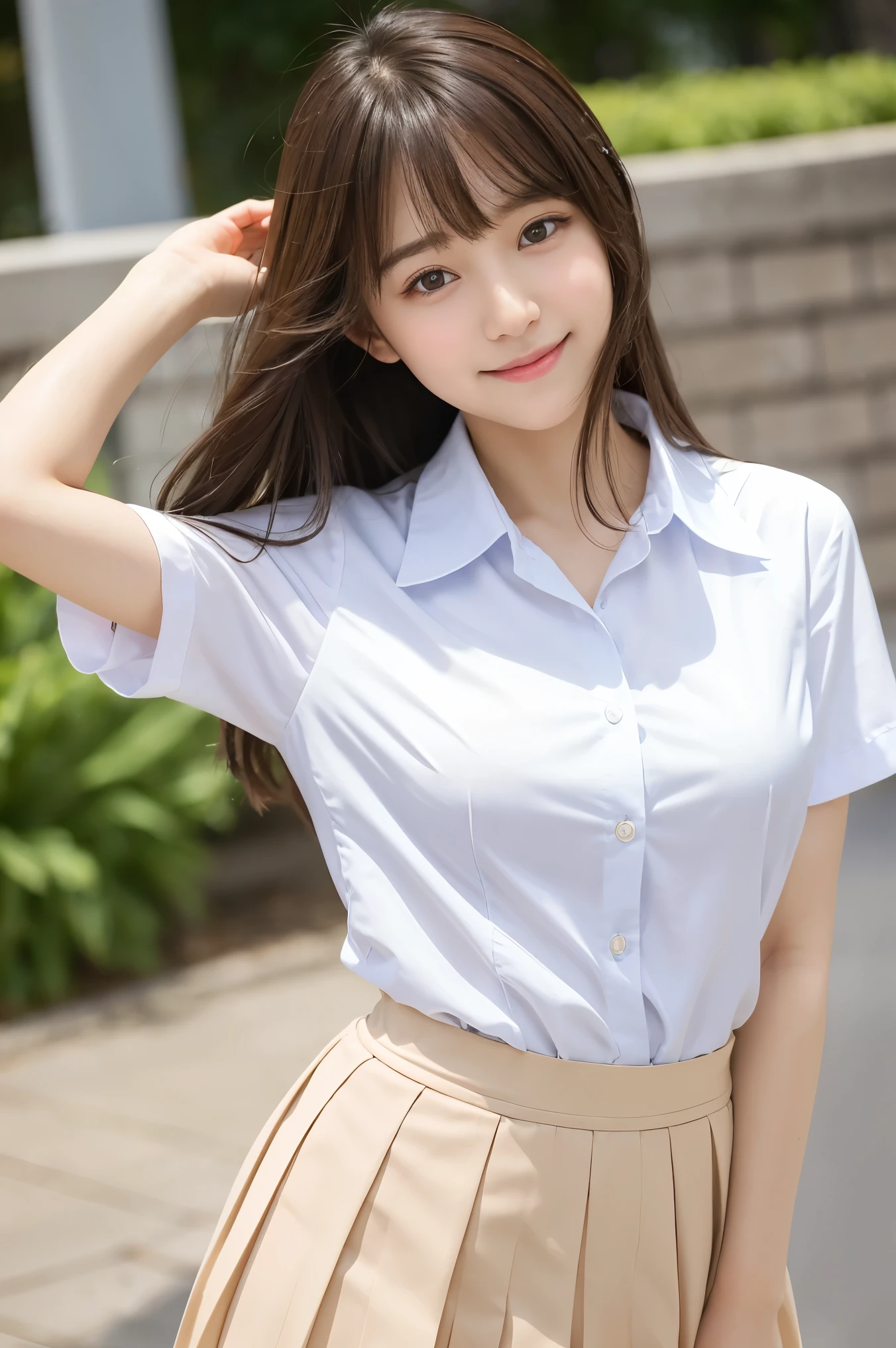 bright表情、Photorealistic:1.32、highest quality、超A high resolution、最も美しい日本のgirlの写真、Cute and beautiful face details、Small Face、美しいbangs、、Radiant, fair, glowing skin、Hair gets tangled in the face、(girl1Only people:1.3)、顔まで伸びるbangs、bangs、Hair between the eyes、Attractive brown silky hair、bright、Her clear eyes shine charmingly、Cute pose、highest quality、Disorganized、((The cutest girl in the world))、Japanese、((School uniform summer clothes:1.3))、(High waist pleated skirt)、Newest Brands、(Side Half Up:1.3)、(Thin ribbon)、Nice and cute、An innocent smile、nice smile、Cleavage、(Large Breasts:1.3)、(Posing cutely:1.3)、Brown Hair、Small waist、Detailed beautiful eyes、View your viewers、Upper Body、Close-up of face、Front view、