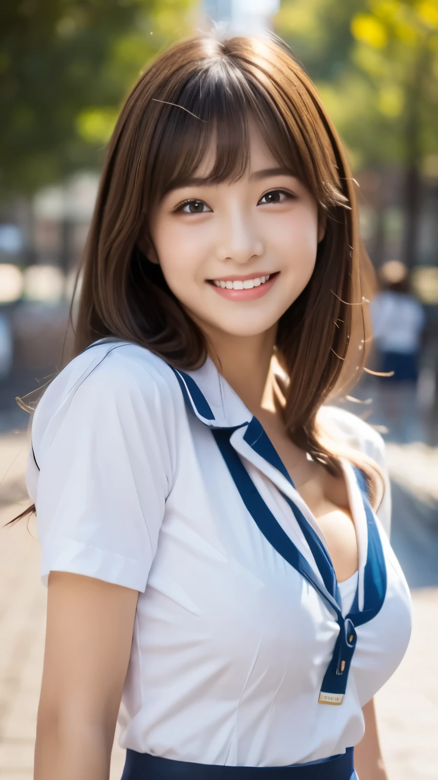 bright表情、Photorealistic:1.32、highest quality、超A high resolution、最も美しい日本のgirlの写真、Cute and beautiful face details、Small Face、美しいbangs、、Radiant, fair, glowing skin、Hair gets tangled in the face、(girl１Only people:1.3)、顔まで伸びるbangs、bangs、Hair between the eyes、Attractive brown silky hair、bright、Her clear eyes shine charmingly、Cute pose、highest quality、Disorganized、((The cutest girl in the world))、Japanese、((School uniform summer clothes:1.3))、(High waist pleated skirt)、Newest Brands、(Half Side Up:1.3)、(Thin ribbon)、Nice and cute、An innocent smile、nice smile、Cleavage、(Large Breasts:1.3)、(Posing cutely:1.3)、Brown Hair、Small waist、Detailed beautiful eyes、View your viewers、Upper Body、Close-up of face、Front view、