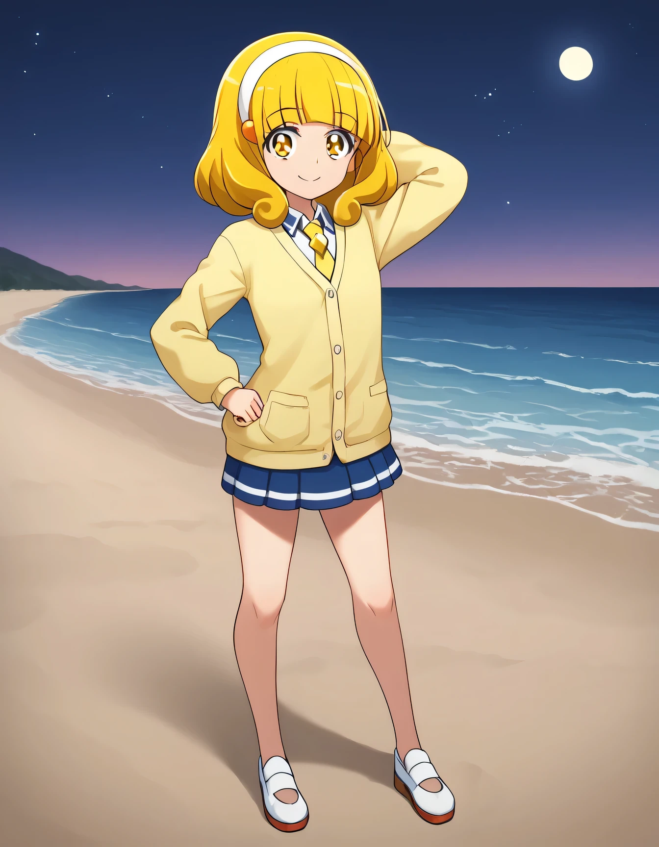 score_9, source_anime, rating_safe BREAK 1girl, solo
kise yayoi, yellow hair, yellow eyes, white hairband, hair ornament, medium hair, nanairogaoka middle , yellow necktie, yellow cardigan, full body, solo, night sky, beach, arm behind head, hand on hip, contrapposto, spread armpits, looking at viewer, best quality, smile, 