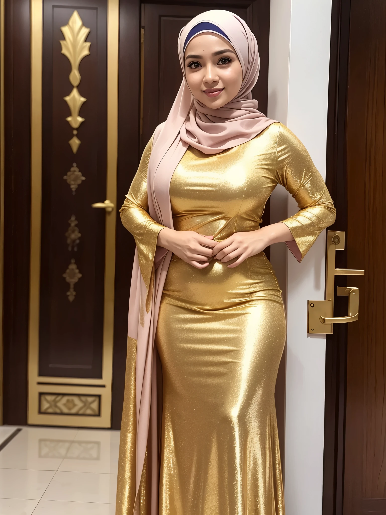 1 lady, 30 years old, hijabi, wearing tight malay baju kurung, fine wrinkles, posing politely, standing outside a hall, gold malay baju kurung, big breast, covered up, wearing plain hijab, confident, beautiful