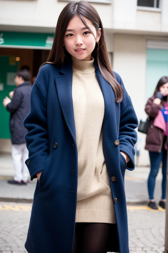 (masterpiece), (original photo, best quality), (Practical, photo-Practical:1.3), Ultra-high resolution, 1 Girl, street, Half coat, looking at the audience, Smile, whole body, close up,