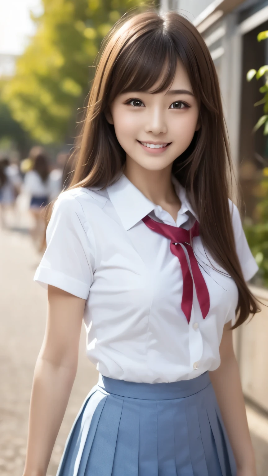 bright表情、Photorealistic:1.32、highest quality、超A high resolution、最も美しい日本のgirlの写真、Cute and beautiful face details、Small Face、美しいbangs、************、Radiant, fair, glowing skin、Hair gets tangled in the face、(girl１Only people:1.3)、顔まで伸びるbangs、bangs、Hair between the eyes、Attractive brown silky hair、bright、Her clear eyes shine charmingly、Cute pose、highest quality、Disorganized、((The cutest girl in the world))、Japanese、((School uniform summer clothes:1.3))、(High waist pleated skirt)、Newest Brands、(Half Side Up:1.3)、(Thin ribbon)、Nice and cute、An innocent smile、nice smile、Cleavage、(Large Breasts:1.3)、(Posing cutely:1.3)、Brown Hair、Small waist、Detailed beautiful eyes、View your viewers、Upper Body、Close-up of face、Front view、