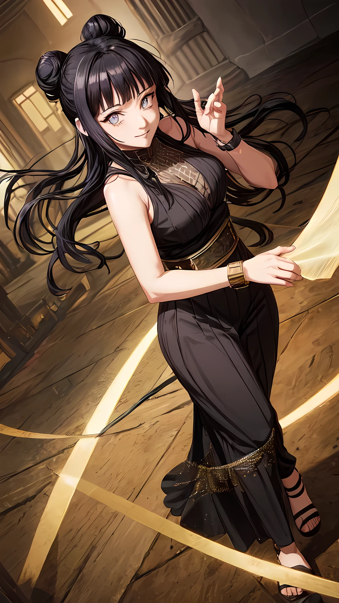 Hinata hyuga, smiling, looking at the audience, standing, long hair, black hair, hair in a bun, wearing a watch, wearing jewelry, wearing a long black dress, background in a palace holding a dance party, 2D image, HD image, best quality, 1080p