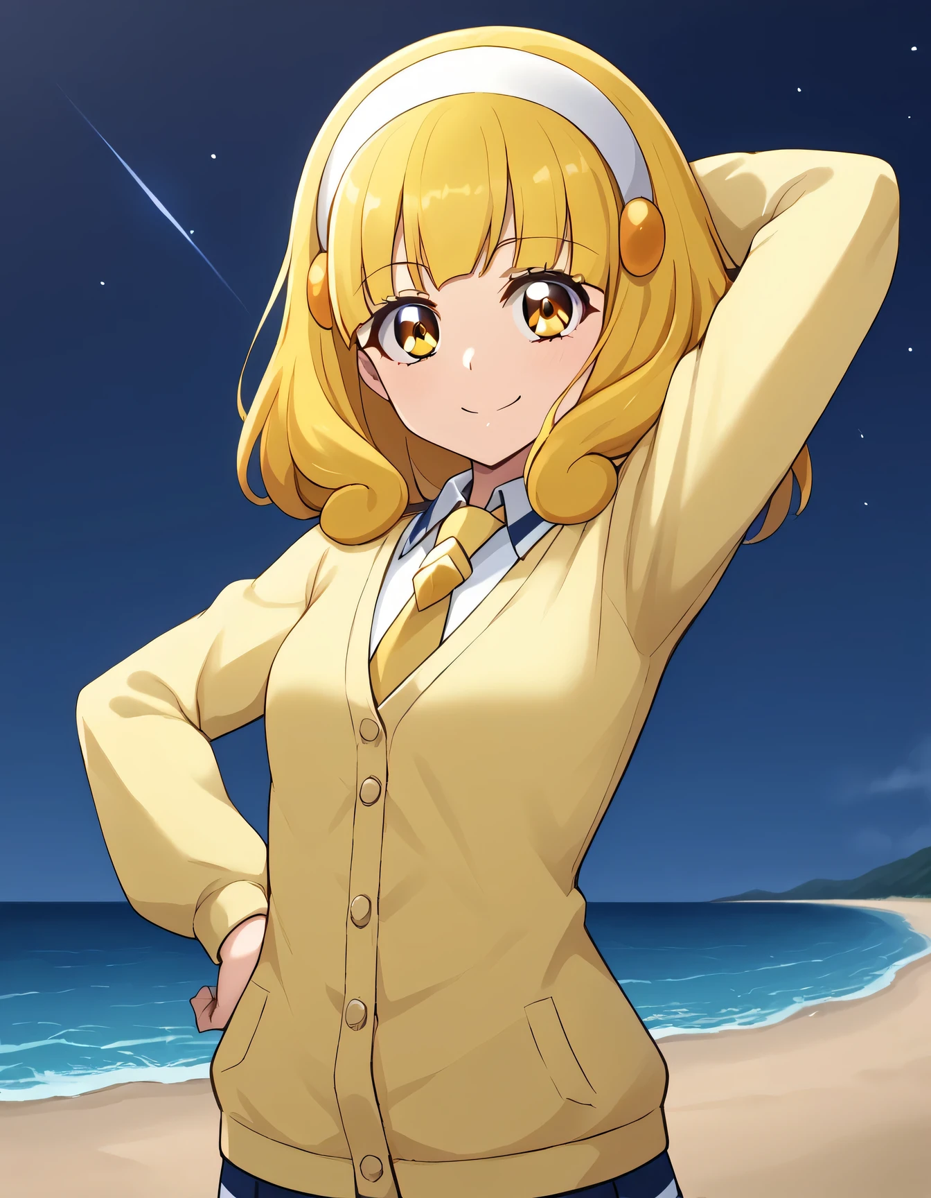 score_9, source_anime, rating_safe BREAK 1girl, solo
kise yayoi, yellow hair, yellow eyes, white hairband, hair ornament, medium hair, nanairogaoka middle , yellow necktie, yellow cardigan, cowboy shot, solo, night sky, beach, arm behind head, hand on hip, contrapposto, spread armpits, looking at viewer, best quality, smile, 