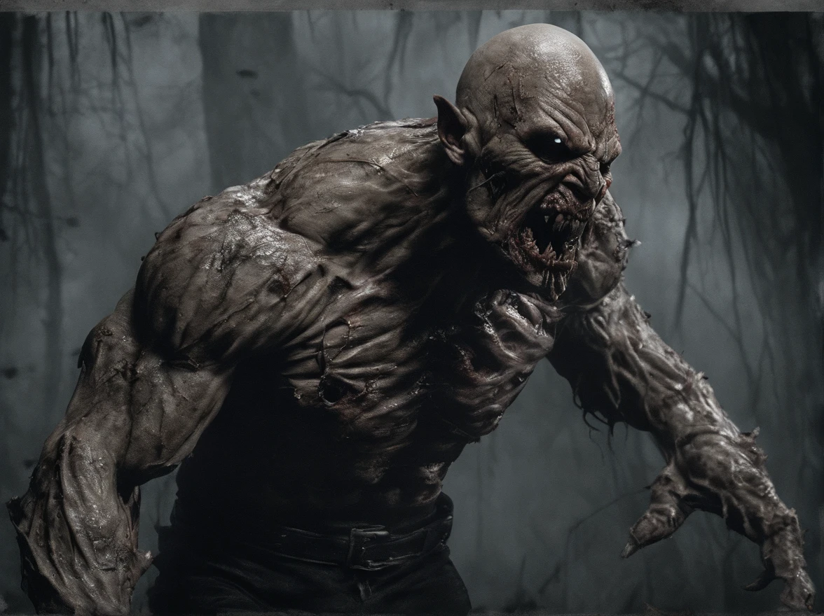 brutalis the violator
hulking 8 feet tall muscled bald mutated semi-orc-troglodyte like human with cracked desiccated skin
he has a few large organic spike protrusions made of his desiccated skin on his arms and back,