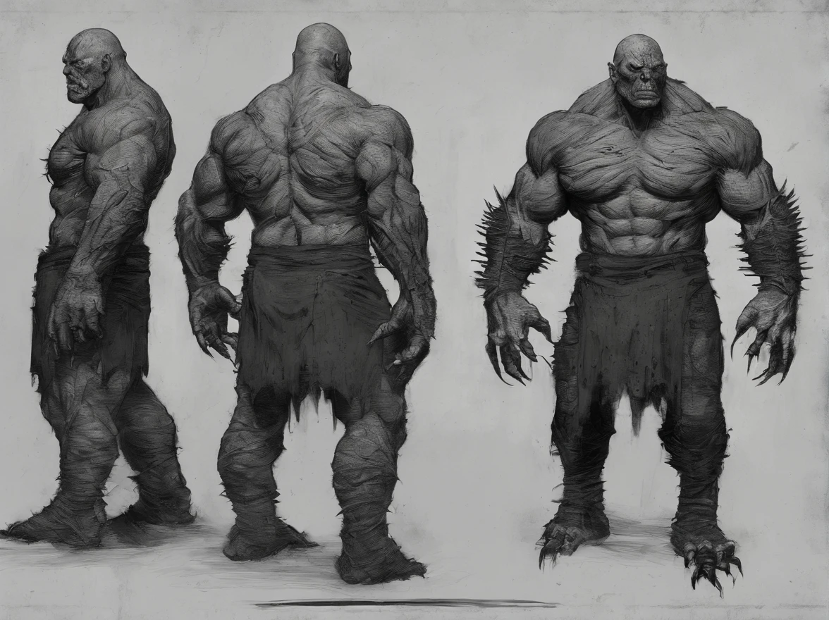 brutalis the violator
hulking 8 feet tall muscled bald mutated semi-orc-troglodyte like human with cracked desiccated skin
he has a few large organic spike protrusions made of his desiccated skin on his arms and back,