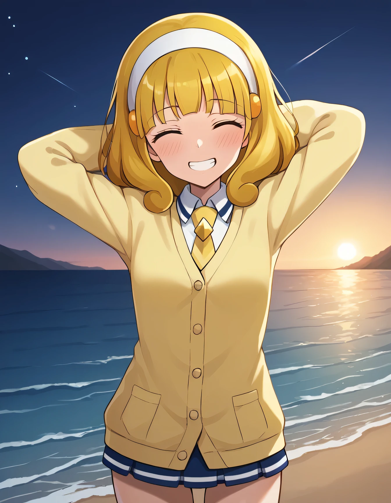 score_9, source_anime, rating_safe BREAK 1girl, solo
kise yayoi, yellow hair, yellow eyes, white hairband, hair ornament, medium hair, nanairogaoka middle , yellow necktie, yellow cardigan, (cowboy shot:1.5), solo, night sky, beach, arms behind head, contrapposto, spread armpits, looking at viewer, best quality, closed eyes, shy grin, blushing,