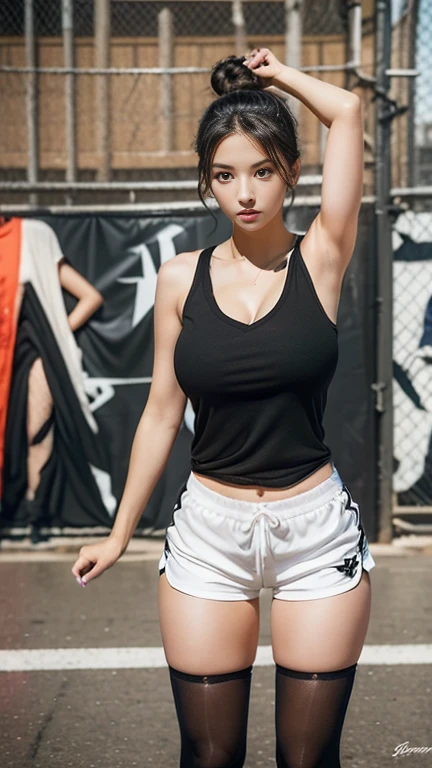 A gorgeous woman with curly black hair in a messy bun, wearing a tight, V-neck basketball jersey and short shorts. The outfit clings to her athletic body, emphasizing her ample chest and fit figure. She is in a defensive stance, arms outstretched and knees bent, ready to block her opponent. The background includes a street basketball court with a chain-link fence and urban graffiti art.