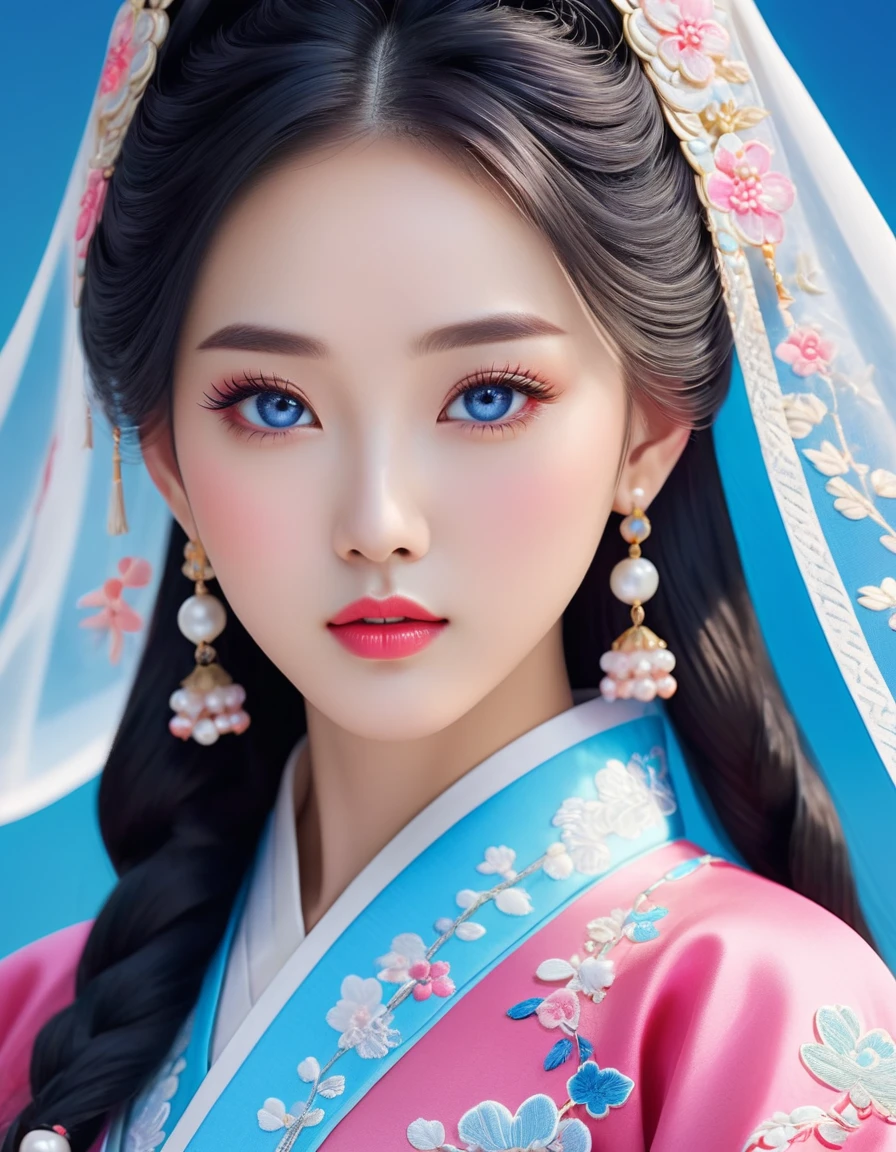 The flying veil covers the face of the beautiful Chinese girl, Pearl earrings, long eyelashes and pink lips, Close-up of face, cleanface, Round chin, blue eyes, Blue embroidered hanbok, White background.
Icon, 3d rendering, Bright colors,Exquisite details, as illustration poster, 2D game art style, color correction, HD, 32k ,Niji