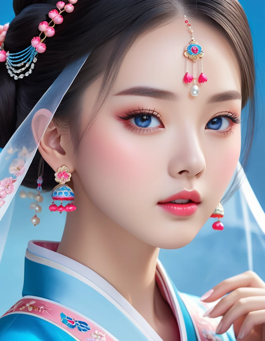 The flying veil covers the face of the beautiful Chinese girl, Pearl earrings, long eyelashes and pink lips, Close-up of face, cleanface, Round chin, blue eyes, Blue embroidered hanbok, White background.
Icon, 3d rendering, Bright colors,Exquisite details, as illustration poster, 2D game art style, color correction, HD, 32k ,Niji