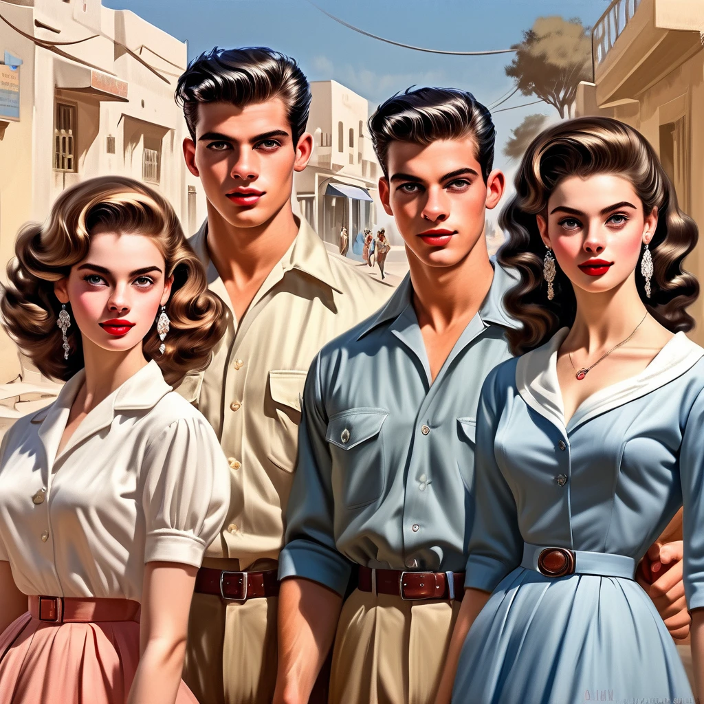 Best quality overall physical looks Very high quality somewhat Anime look with to it but set in 1950s Israel with both males and very attractive feminine females  more overal stronger more muscular looking attractive males that is can be very highly detailed more accurate authentic kinda Israeli=Israel cultural looks and appearances looking authentic accurate lifelike dignified very good looking beautiful and very cute looking very attractive handsome beautiful very Israeli like young men and women together in a very1950s Israeli type Neighborhood and period look and feel and style with 1950s style in Israel fashions and dress very with a very huger ranges DIVERSE VARIETY and variations versions of physical looks types and appearances of Israel/ Israelis males that are handsome tall quite muscular strong best quality for fingers with thumb very clearly sharply detailed and defined cute lovely feminine beautiful women Young very attractive and beautiful looking youths males and females best quality ratio both together in group settings Young very attractive very incredibly handsome a little vaporwave and beautiful looking youths male and females in kinda smaller groups of 5 to 9 settings with a DIVERSE VARIETY and whole ranges of different variations version of physical looks and types and appearances of Israeli types and appearances with shades and ranges of natural kinda dark chestnut and dark brown -Jet or raven black hair shades included in a realistic real like way a 1950s Israel look in background all sharper clearer detailed defines all images more detailed with a variety of scenes of 1950s Israel-Israeli life a beautiful real way also have kinda angled clearer sculptured sculpted almost model like looks and types handsome and beautiful real like authentic realistic" Women in 1950s female styles fashions dresses skirt  outfits with more of included in tones shades colors with tans khakis olives greens of all types ranges of blues reds oranges yellows with polk